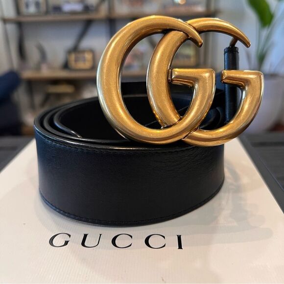 Gucci Black Marmont Leather Belt with Gold Buckle 75/30 - Picture 1 of 5